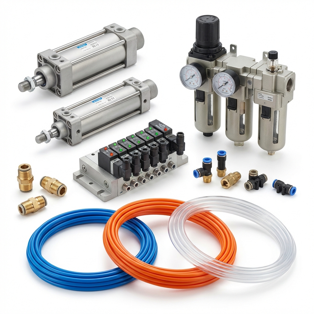 Pneumatic cylinders and valves from Festo, SMC